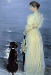 Letní večer ve Skagenu, manželka umělců se psem na pláži, 1892